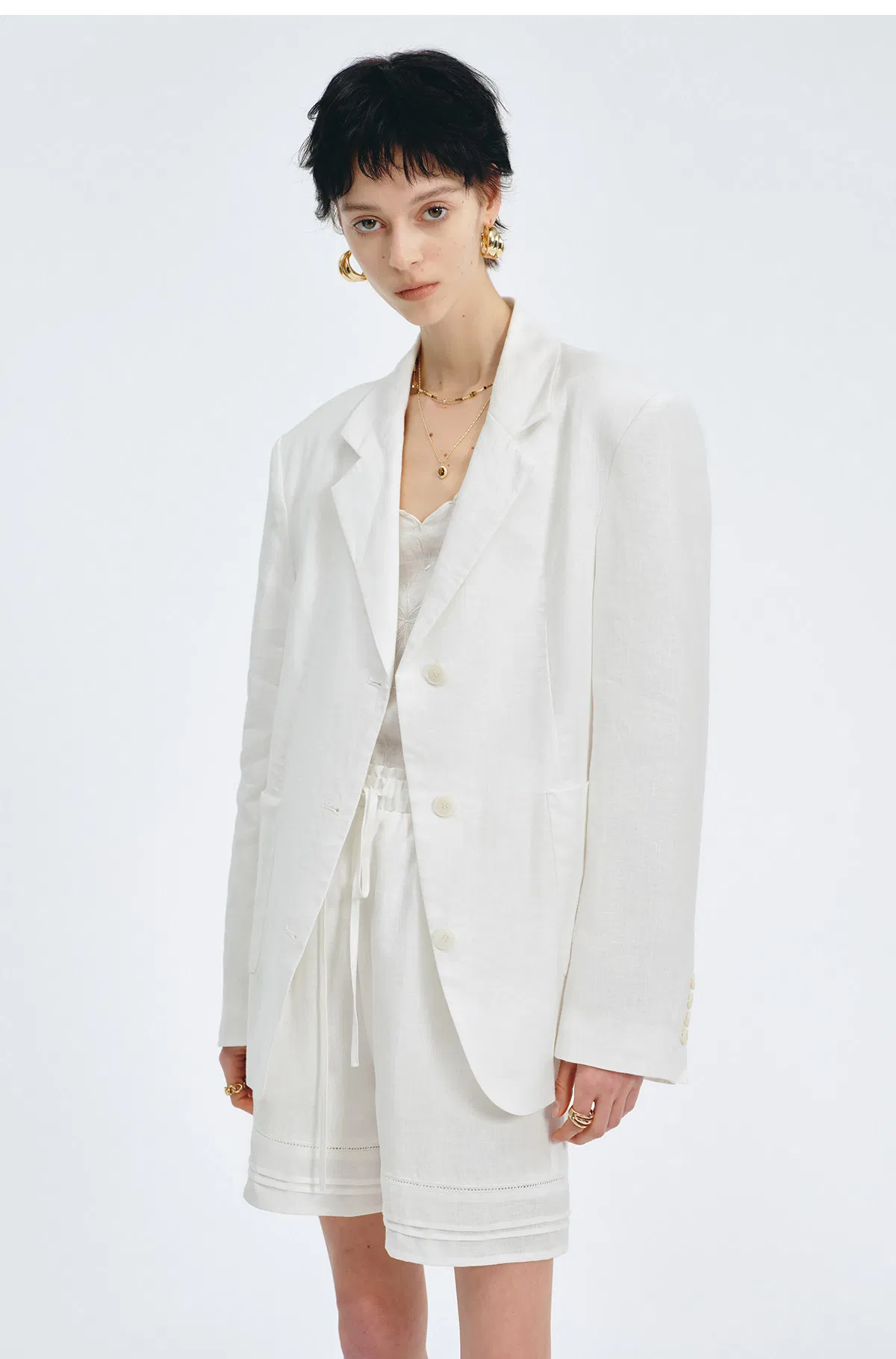 Women Oversized White Linen Blazer Jacket, Loose Notch Lapel Single Button Breathable Summer Suit Coat Casual Office Outerwear Custom Logo Wholesale