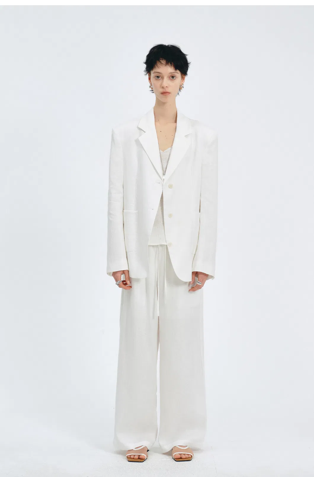 Women Oversized White Linen Blazer Jacket
