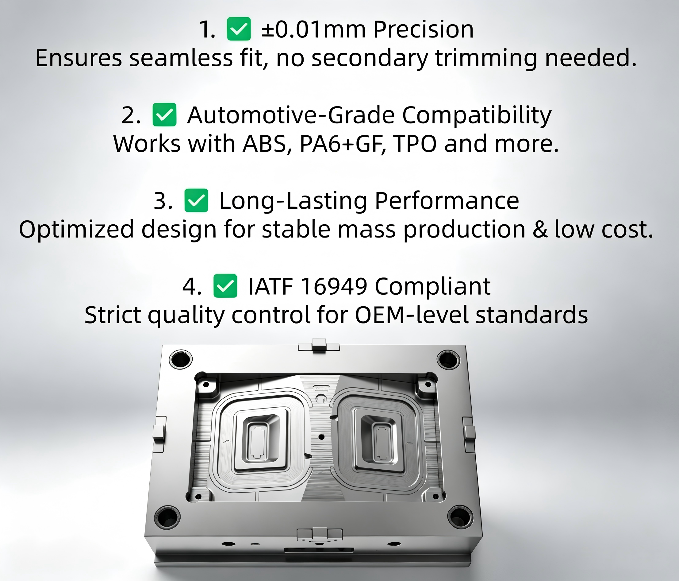 Custom Automotive Interior Trim Injection Mold, PP-T20 and PC-ABS, Class a Surface SPI A2, PPAP Support-TIG