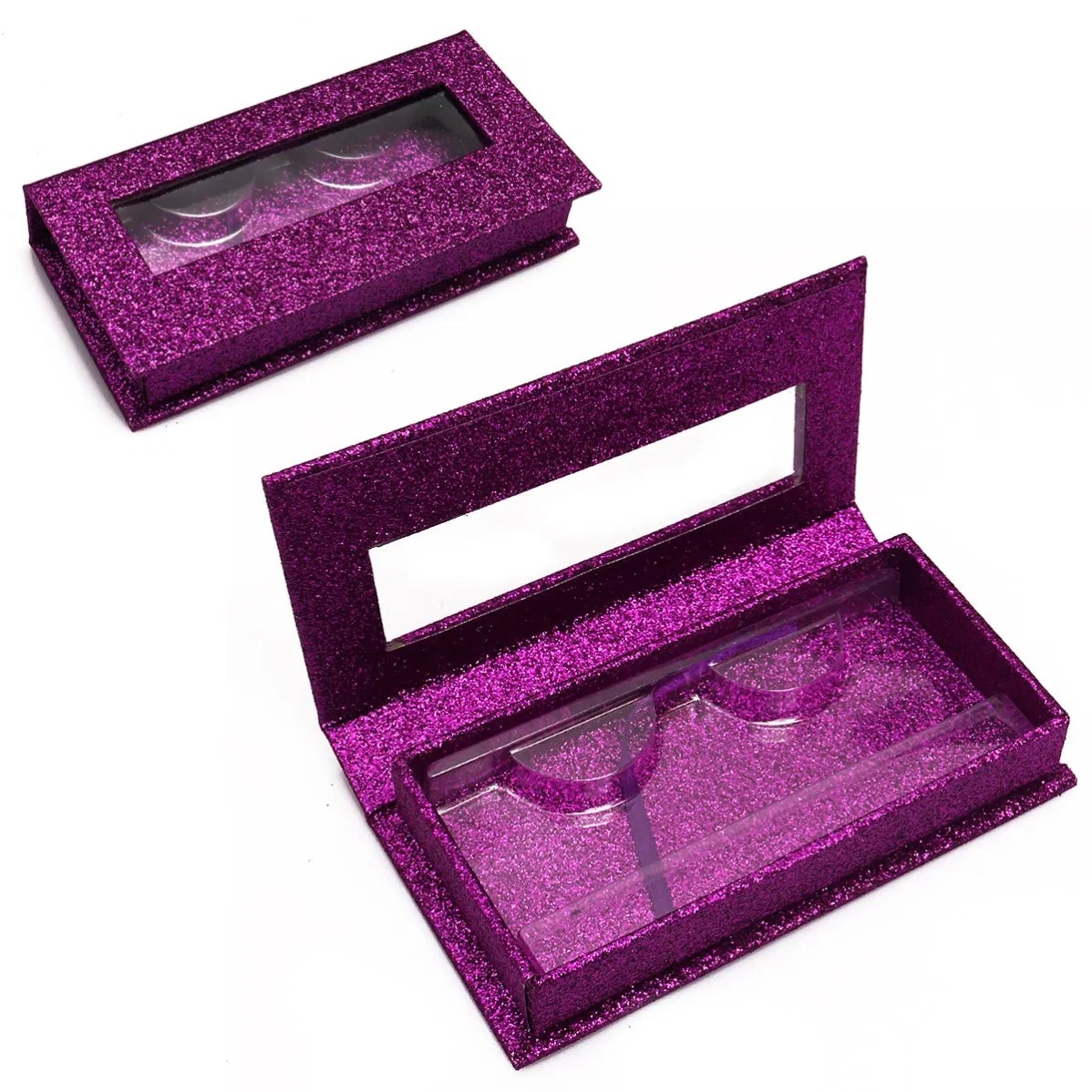 Custom Logo Printed Rectangle Eyelash Gift Packing Box Clear Window Tray Insert Special Gold Bling Glitter for Cosmetic Eyelash