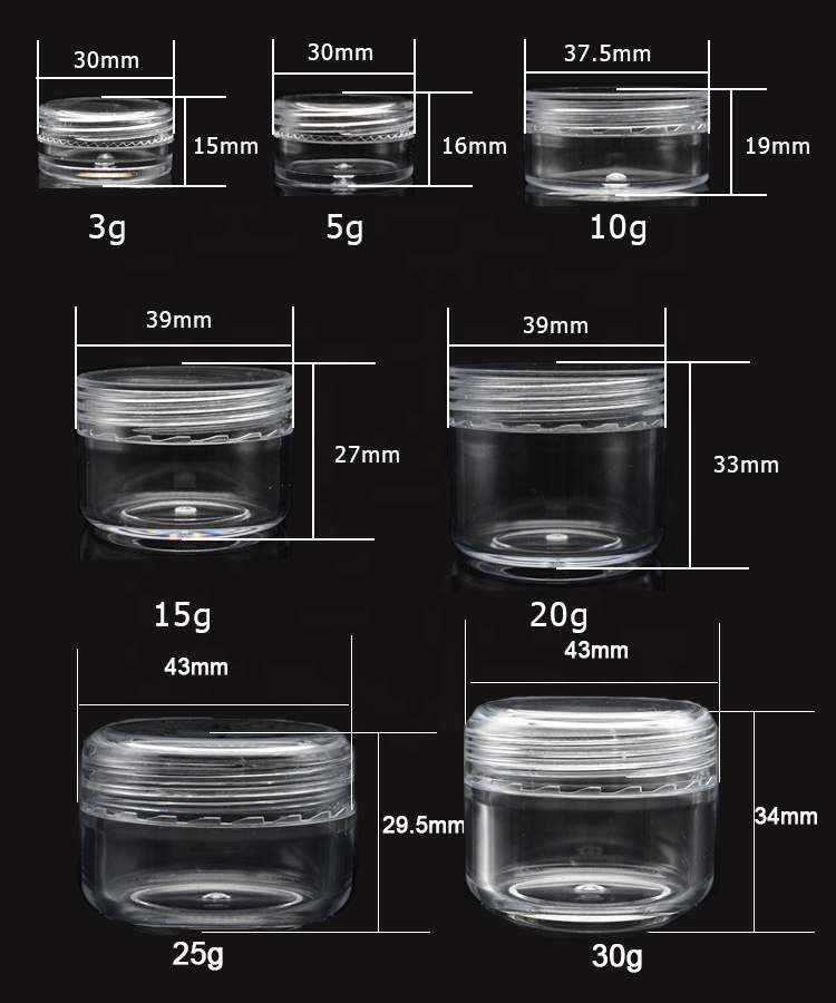 Plastic Jar Small Eyeshadow Pots Low Profile Jar Wholesale 2.5g 3g 3ml 5g 5ml 10g 15g 20g 30g Empty Round Plastic Sample Jar