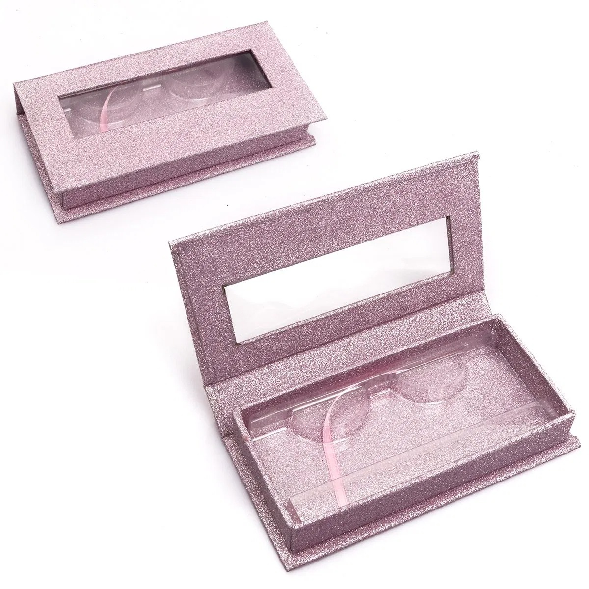 Custom Logo Printed Rectangle Eyelash Gift Packing Box Clear Window Tray Insert Special Gold Bling Glitter for Cosmetic Eyelash