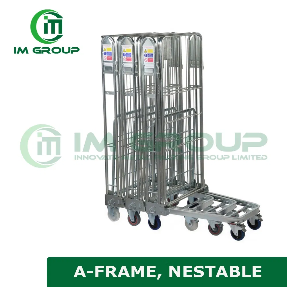 4 Sided Industrial Supermarket Transport Nestable Steel Roll Cage Trolleys with Shelves