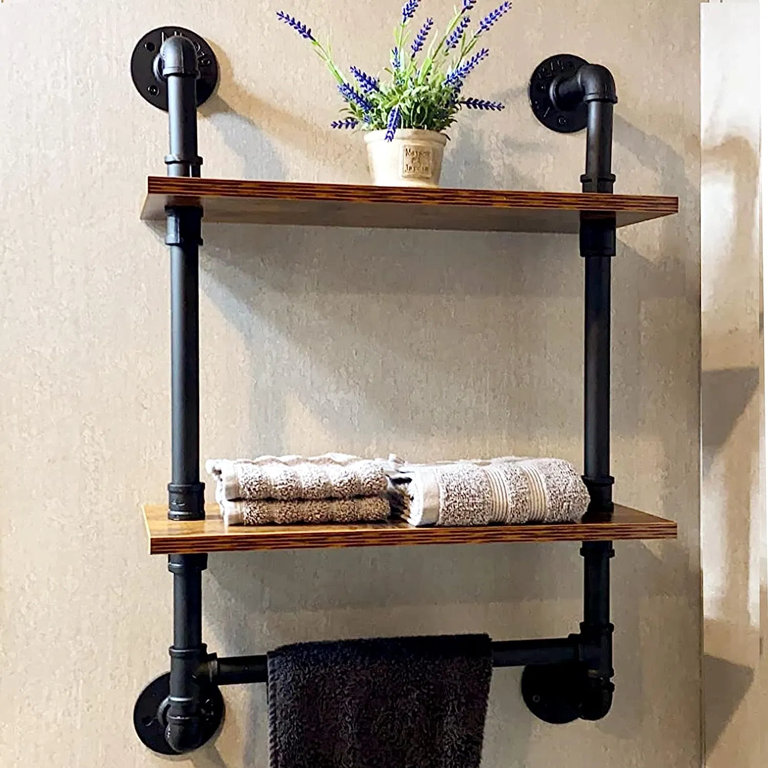 Wall Mounted Industrial Style Pipe Floating Shelf with Iron Pipe Connectors for Farmhouse