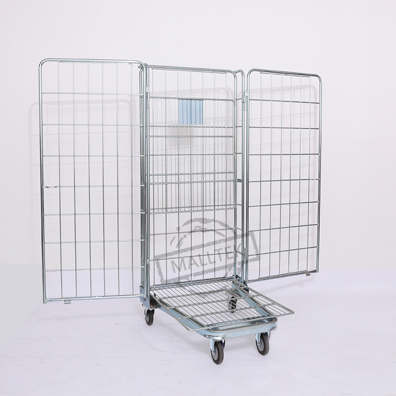 Zinc Plated Three Door Wire Mesh Metal Roll Container Cage Rolling Trolley