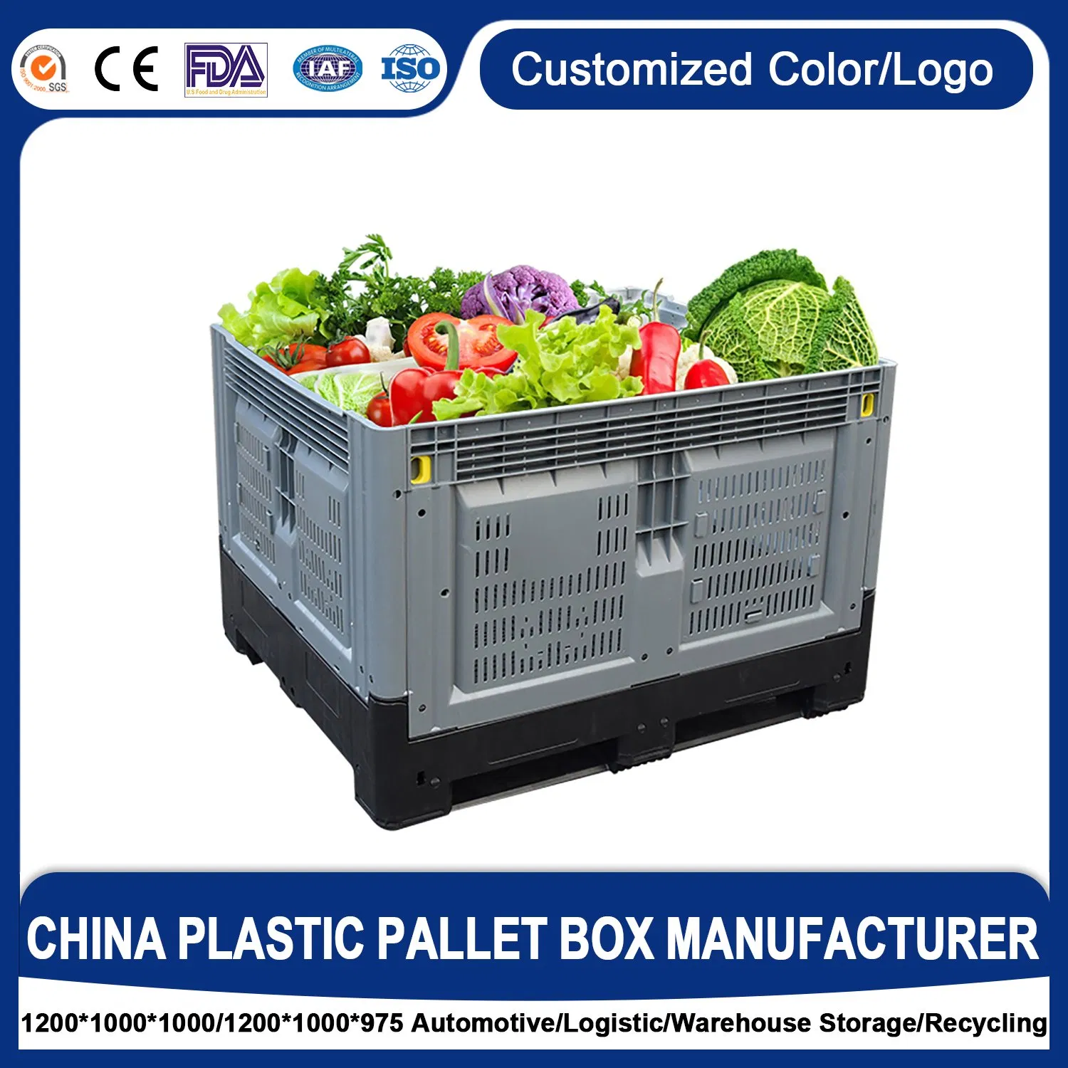 Large Standard Size HDPE Plastic Tray Container Hard Foldable Large Containers Wholesale Plastic Pallet Box Collapsible Turnover Pallet Boxes for Vegetable