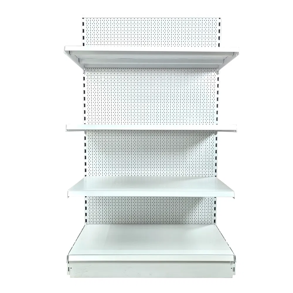 Detachable-Footed Iron Supermarket Gondola Shelf with 40cm Perforated Back Panels and Front-and-Back Double-Groove Laminates.