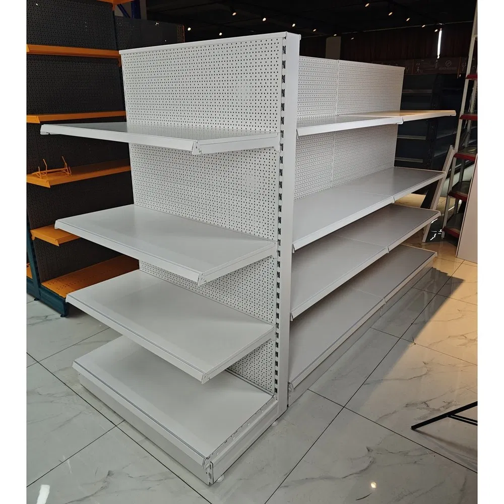 Detachable-Footed Iron Supermarket Gondola Shelf with 40cm Perforated Back Panels and Front-and-Back Double-Groove Laminates.