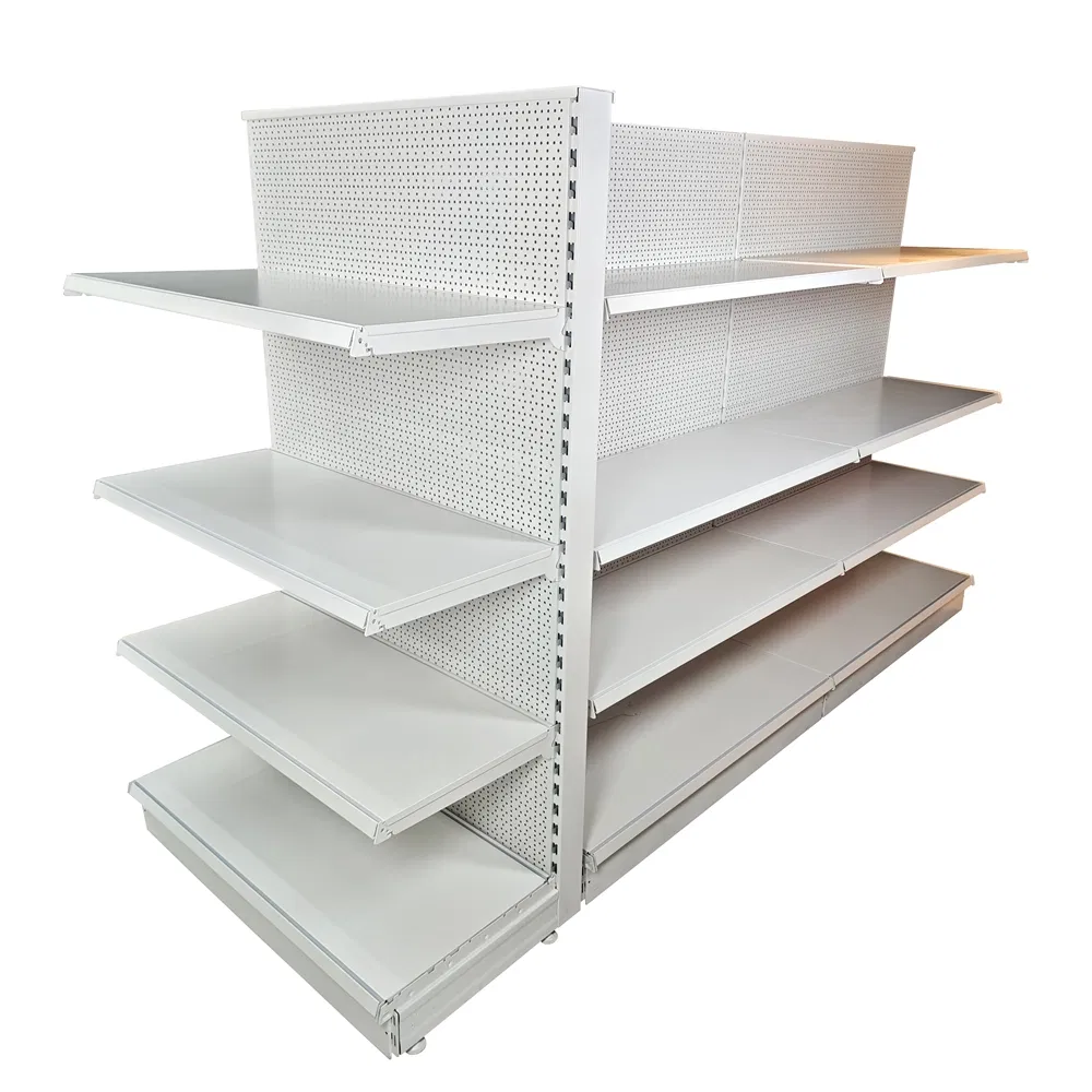 Detachable-Footed Iron Supermarket Gondola Shelf with 40cm Perforated Back Panels and Front-and-Back Double-Groove Laminates.