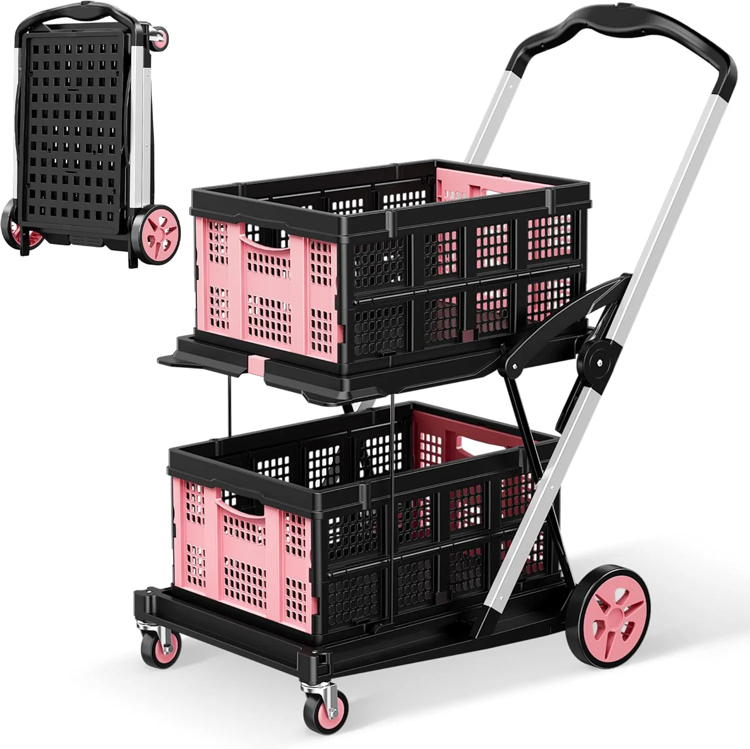 Large Capacity Hand Trolley with Upper Basket and Lower Platform for Supermarket Hauls Double-Layer Shopping Cart
