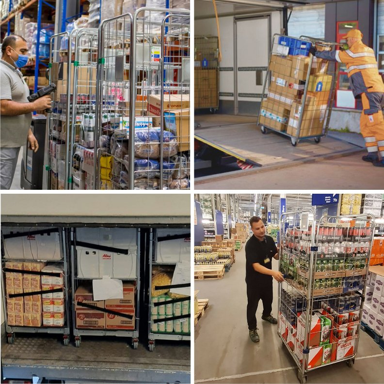 4 Sided Industrial Supermarket Transport Nestable Steel Roll Cage Trolleys with Shelves