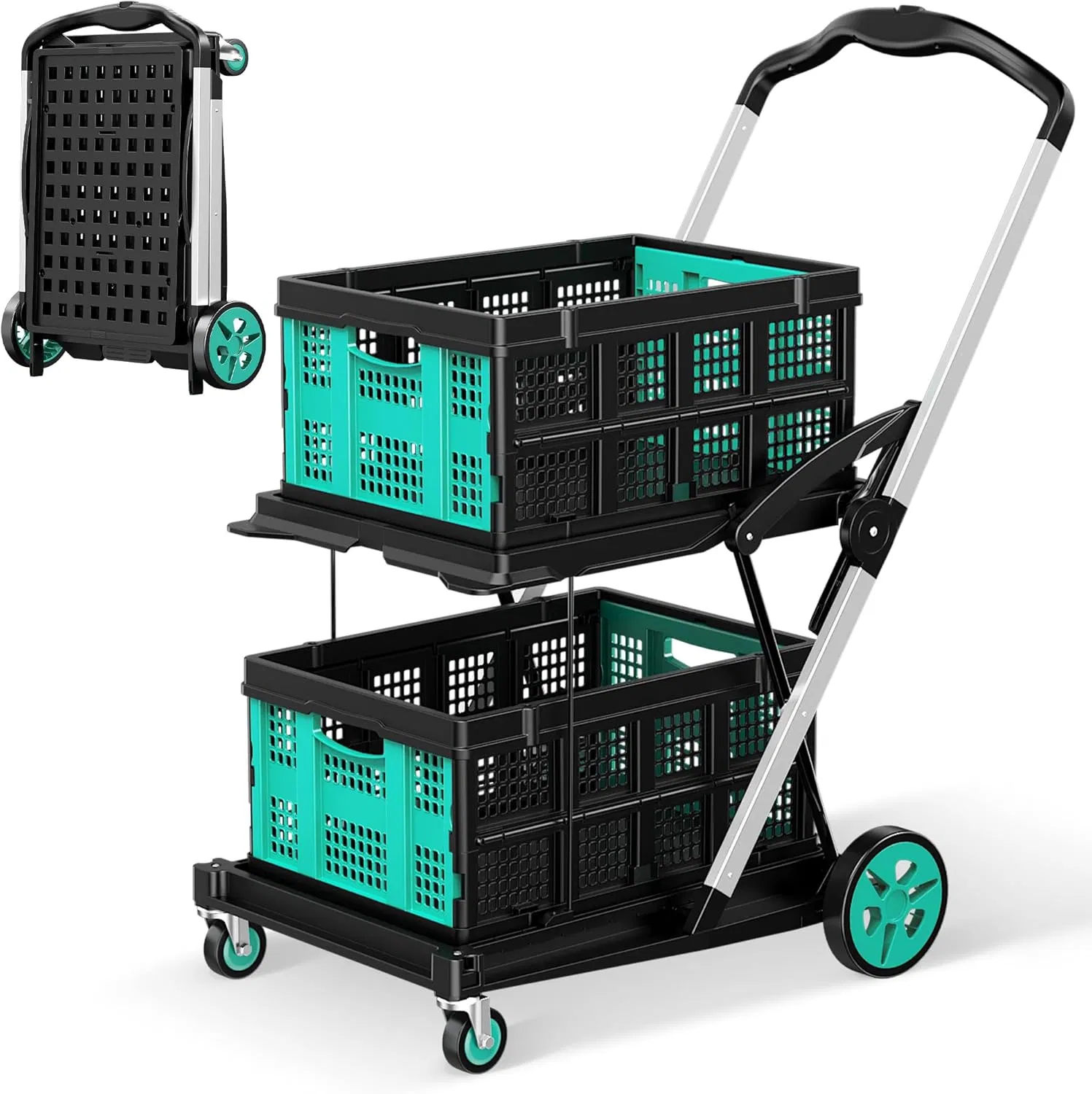 Large Capacity Hand Trolley with Upper Basket and Lower Platform for Supermarket Hauls Double-Layer Shopping Cart