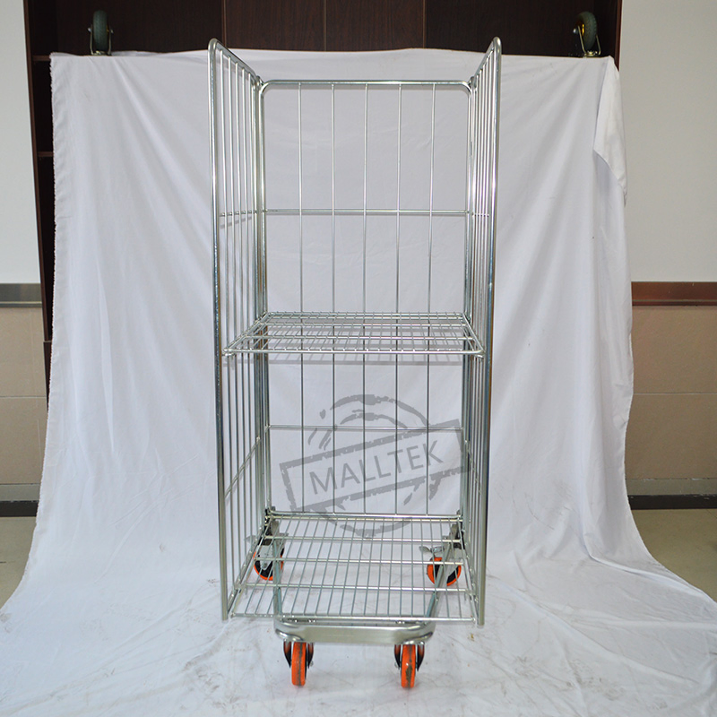 Zinc Plated Three Door Wire Mesh Metal Roll Container Cage Rolling Trolley