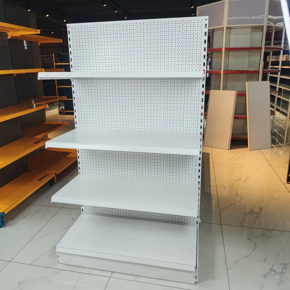 Detachable-Footed Iron Supermarket Gondola Shelf with 40cm Perforated Back Panels and Front-and-Back Double-Groove Laminates.