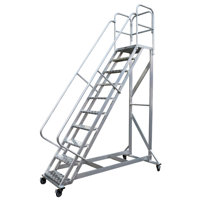 1.8m Mobile Pickup Platform Ladder / 2.5m Warehouse Rolling Mobile Ladder 12 Steps with Handrails Aluminum Platform Ladder