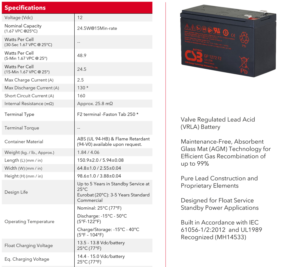Csb Gp1272 F2 12V 25W High Performance Maintenance-Free Valve Regulated Lead Acid Battery