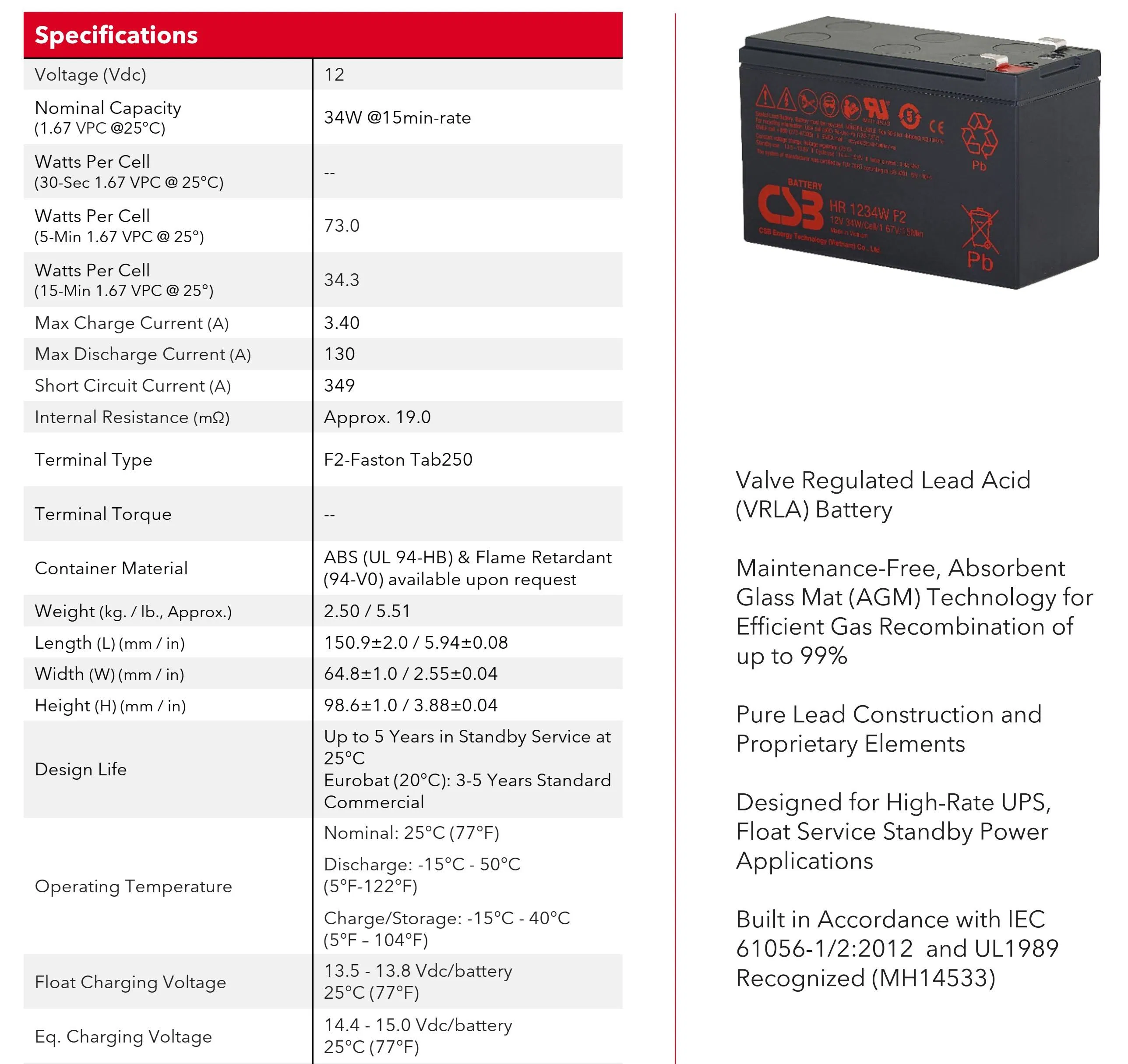 Csb Battery Hr1234W 12V 34W 12V 9ah Rechargeable Maintenance-Free Lead Acid AGM 9ah Battery
