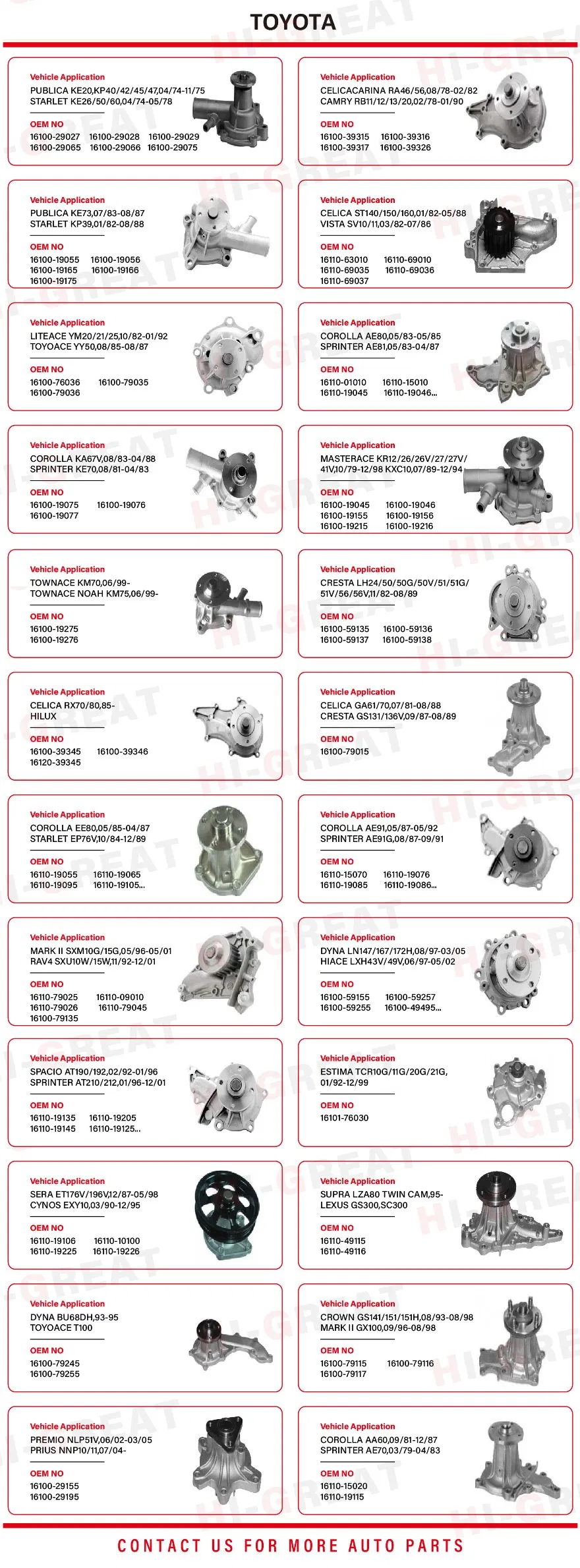 High Quality Auto Parts Cooling System Engine Water Pump for Toyota Reiz Crown Mark 3grfse/2grfse/4grfse