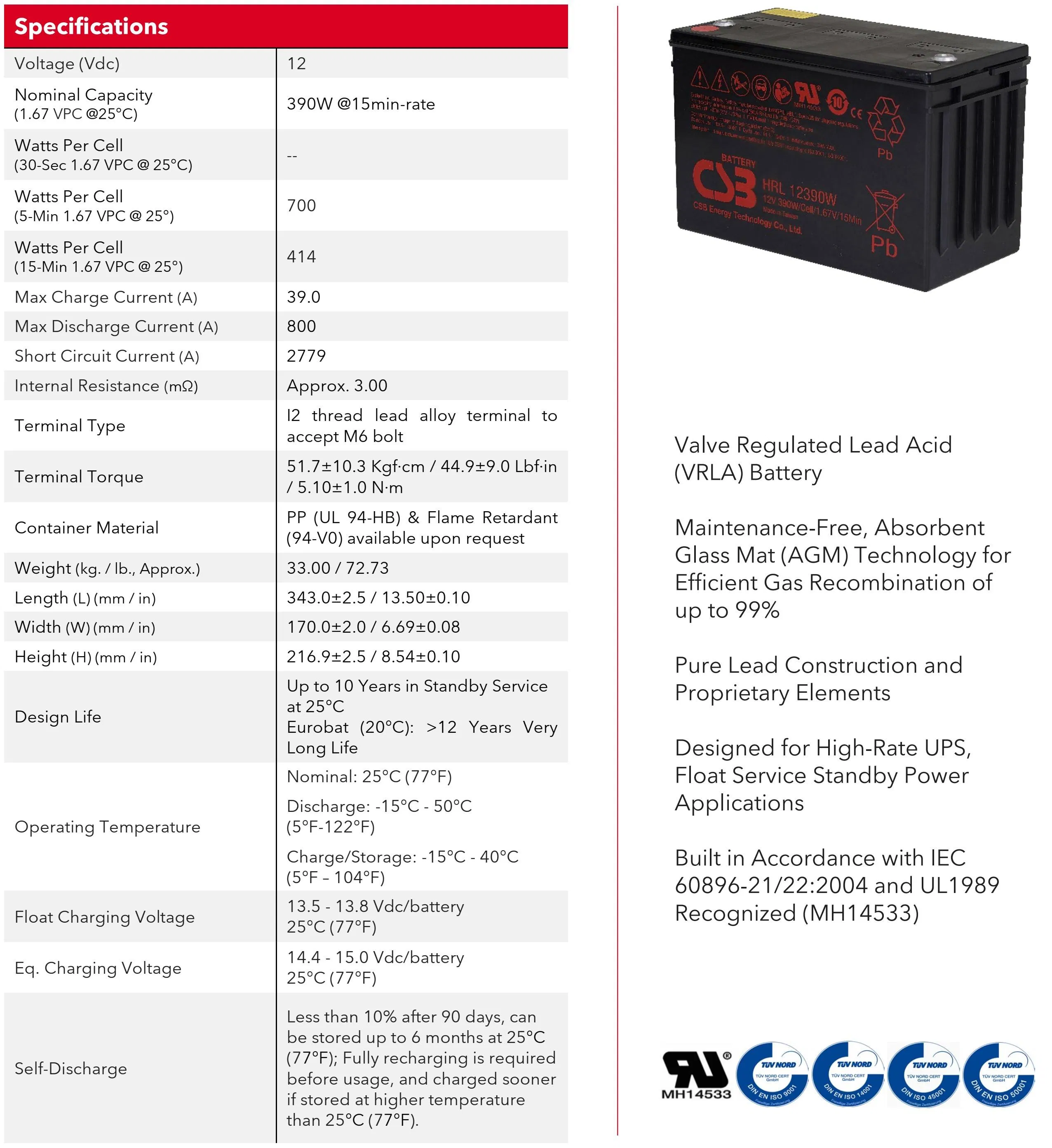Csb Hrl12390W 12V 390W Top Terminal Long Life VRLA-AGM Valve Regulated Lead Acid Battery