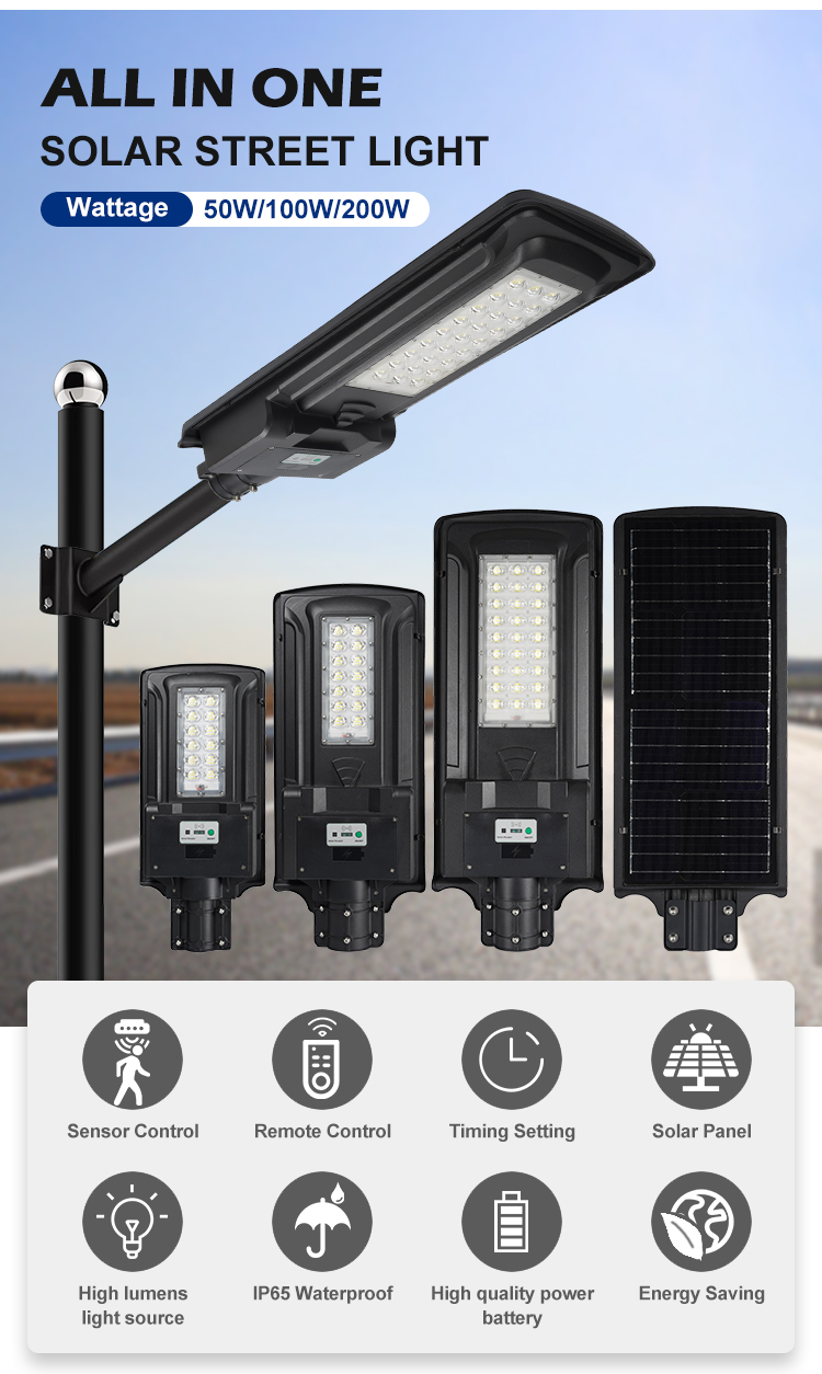 Wholesale 50W 100W 200W Solar LED Street Light IP65 Waterproof 2500-6500K Daylight Control for Villa Garden Rural Road