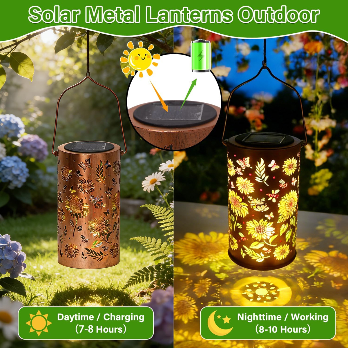 Portable Hollow Metal Solar Table Lantern Waterproof Outdoor Centerpiece Light For Desk, Patio And Courtyard With LED