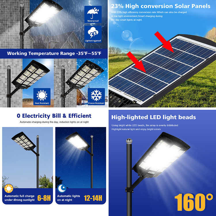 High Power 500W 1000W 1500W ABS Ip65 Project Use 150Lm Lifepo4 Battery Streetlight All in One Led Solar Street Light