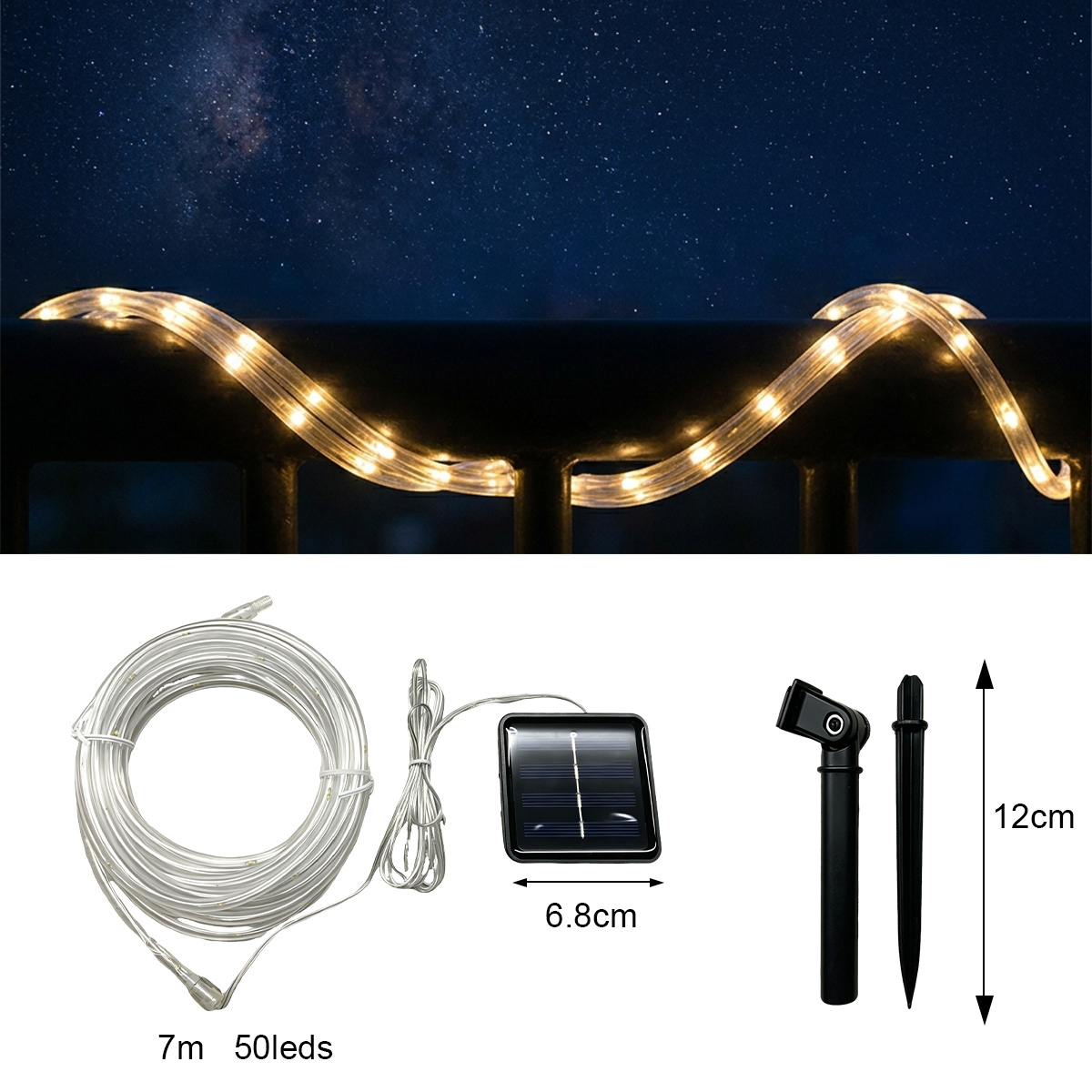 Impermeable Flexible PVC 7M 50LED Solar Rope Lights Luces Solares Exterior For Terraza, Balcon And Jardin With CE RoHS
