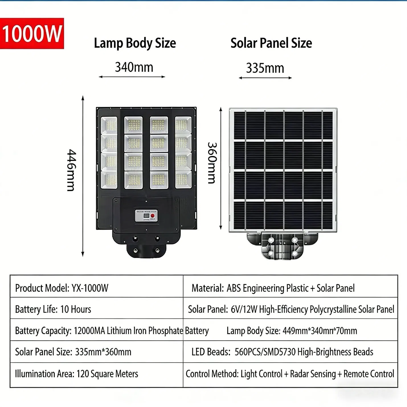 High Power 1000W Solar Street Light IP65 Waterproof Wide Angle LED Solar Street Lamp for Highway Park Farm Driveway Plaza Security Lighting