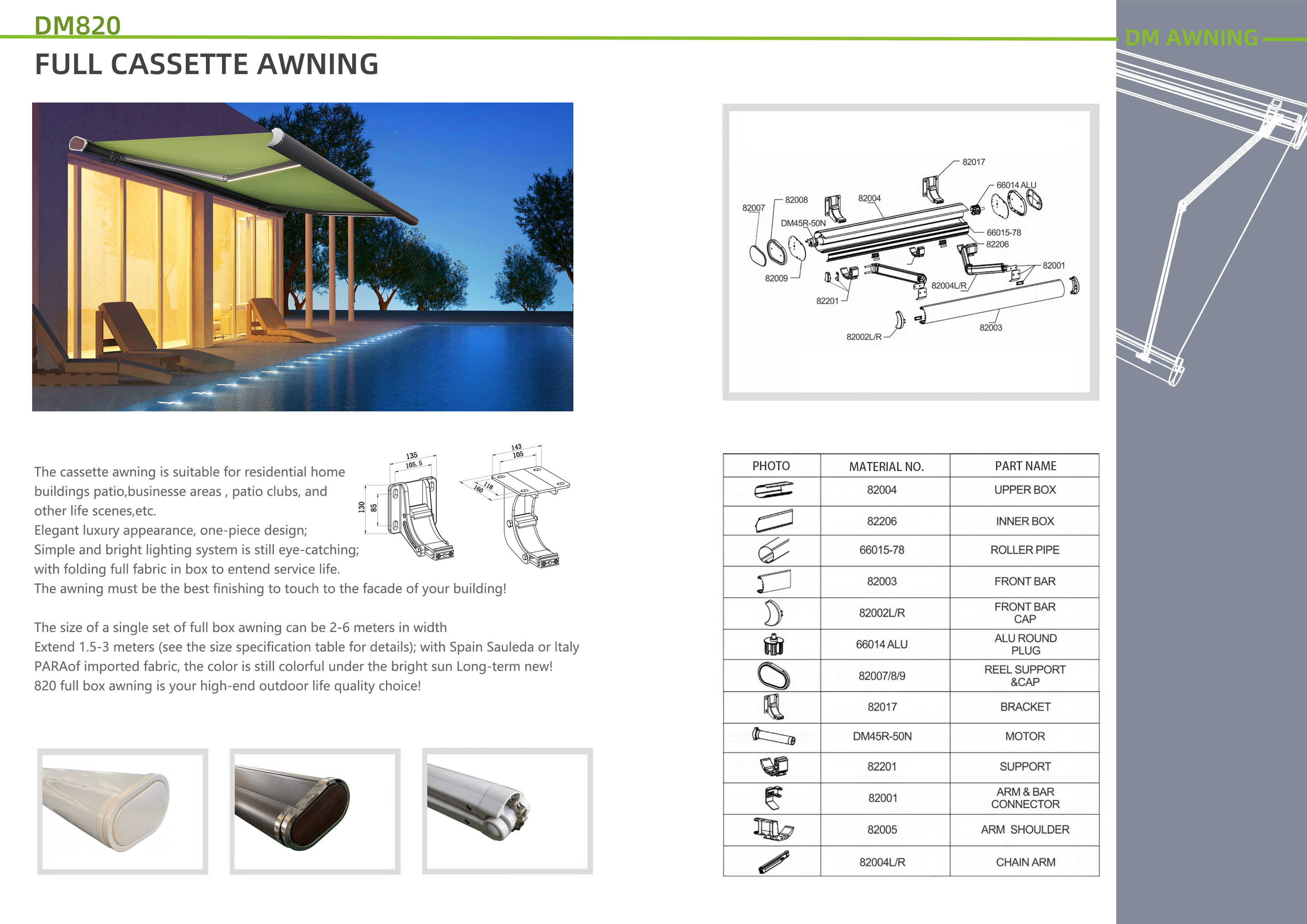 Outdoor Retractable Awning with Motor Control and LED Lights