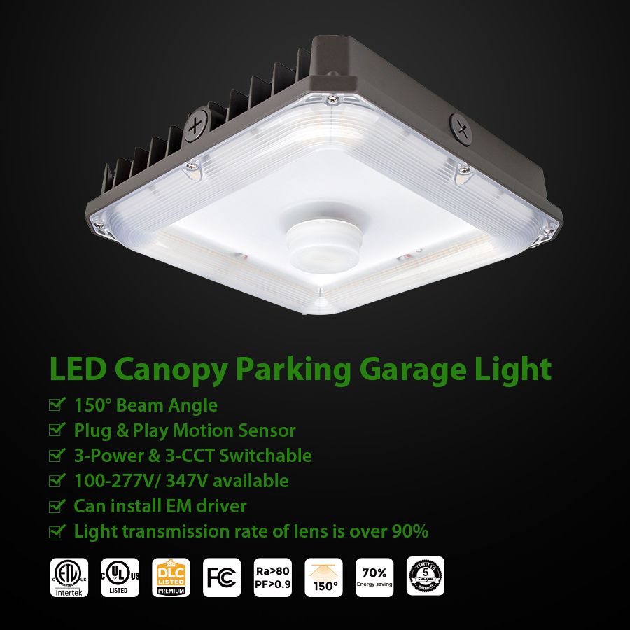 ETL DLC UL Parking Garage Light 150 Beam Angle with Sensor Square LED Canopy Light for Carport