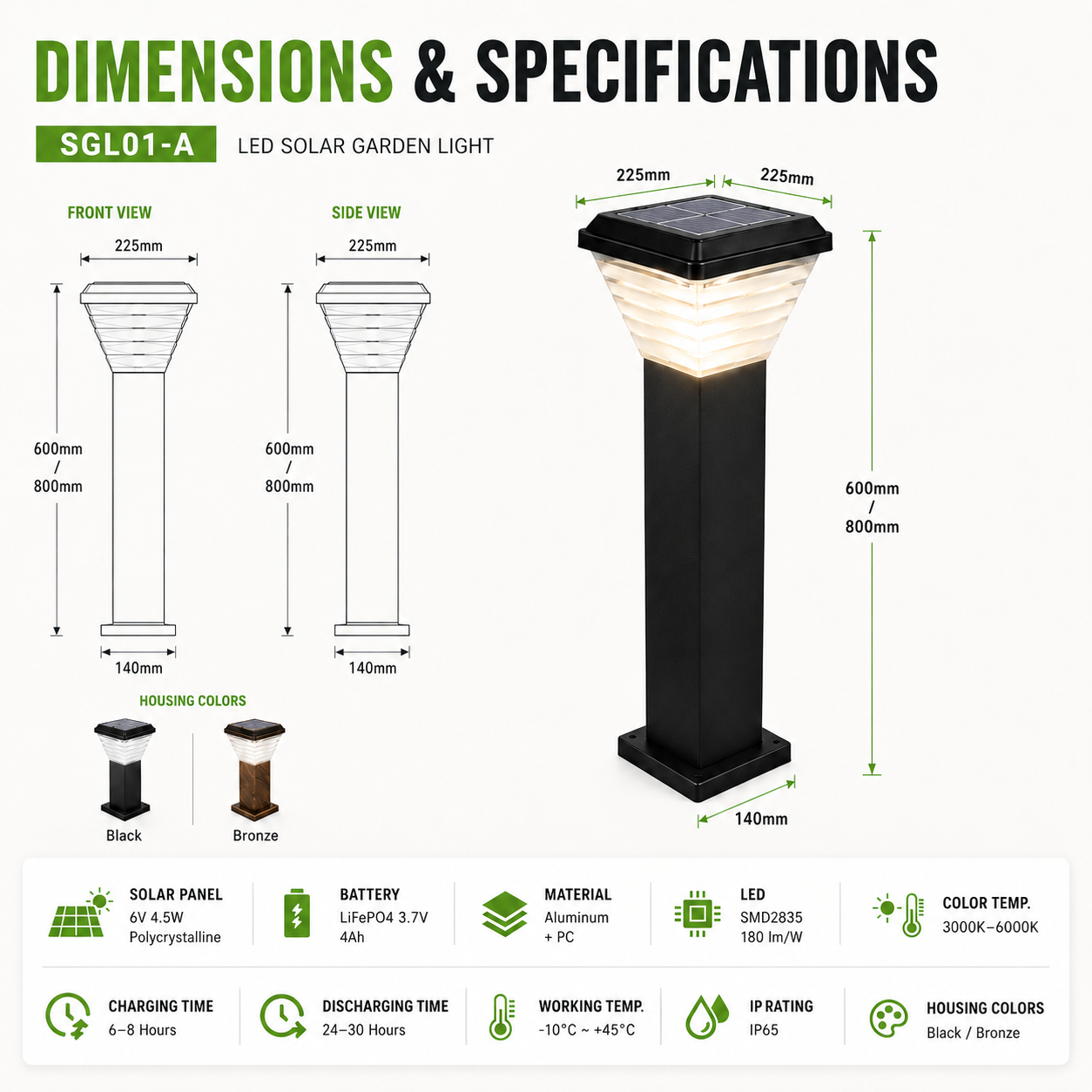 LED Solar Garden Light 180lm/W IP65 LiFePO4 Battery 24 30H Discharging Walkway Garden Lighting CE RoHS 3 Years Warranty
