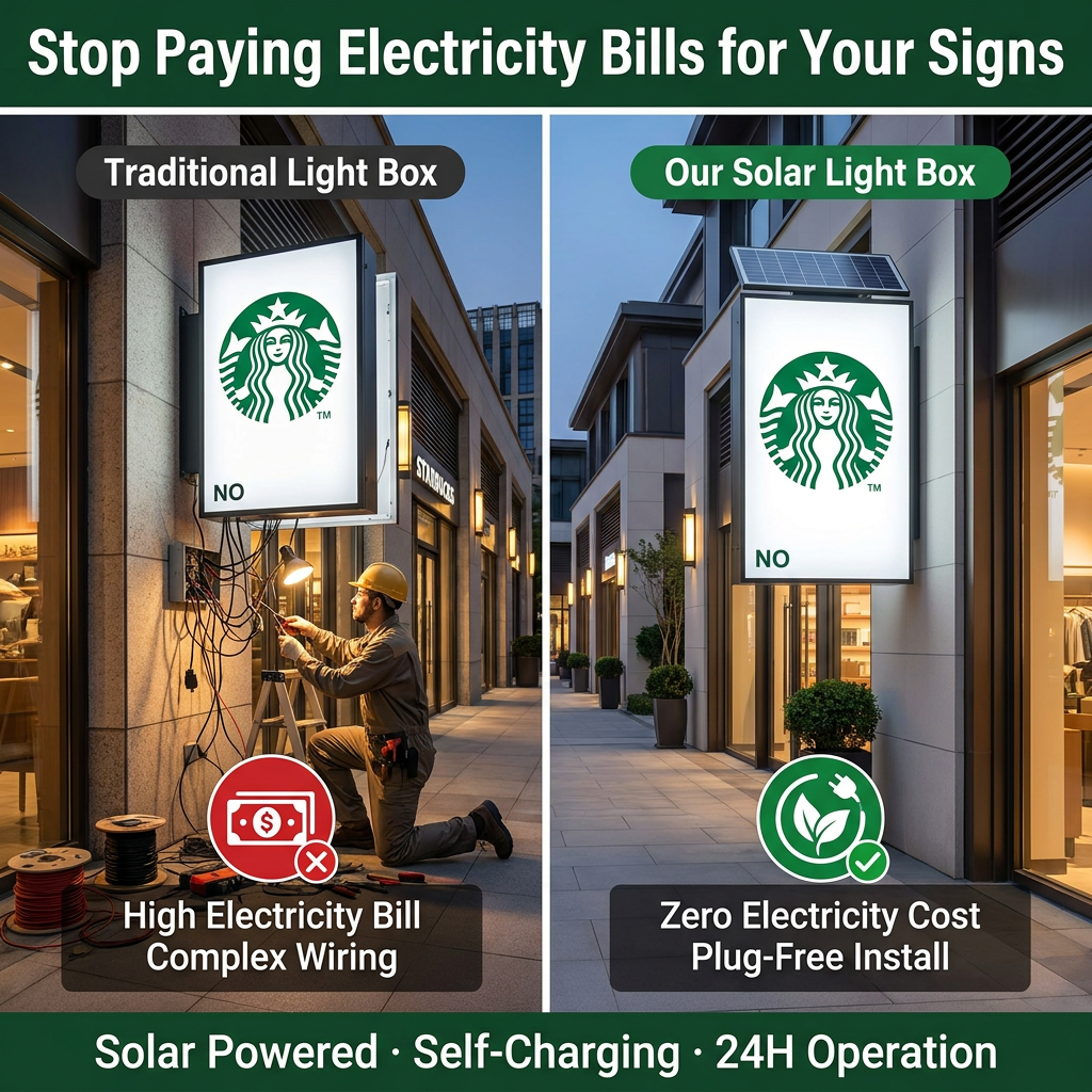 Solar LED Advertising Light Box MPPT System High Brightness IP65 Aluminum Acrylic UV Film Outdoor Sign 450Wh Battery