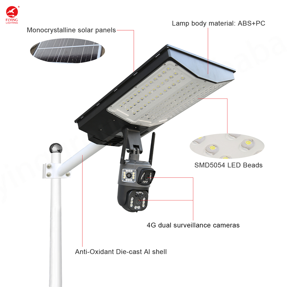 800W 1000W Solar Street Light with 360 Degree Dual CCTV Camera 4G SIM Card IP65 Waterproof LED ABS Material