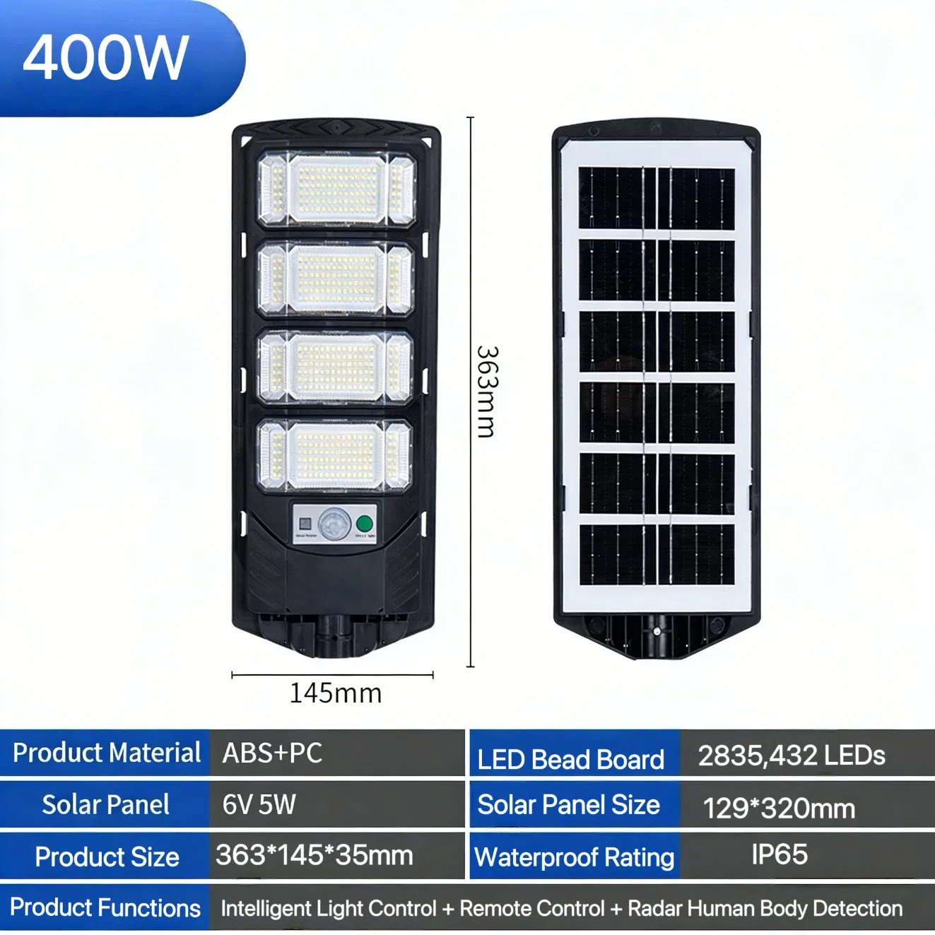 400W Solar Street Light Easy to Install Solar Powered LED Street Lamp for Street Road Park Garden Villa Community Commercial Plaza Lighting
