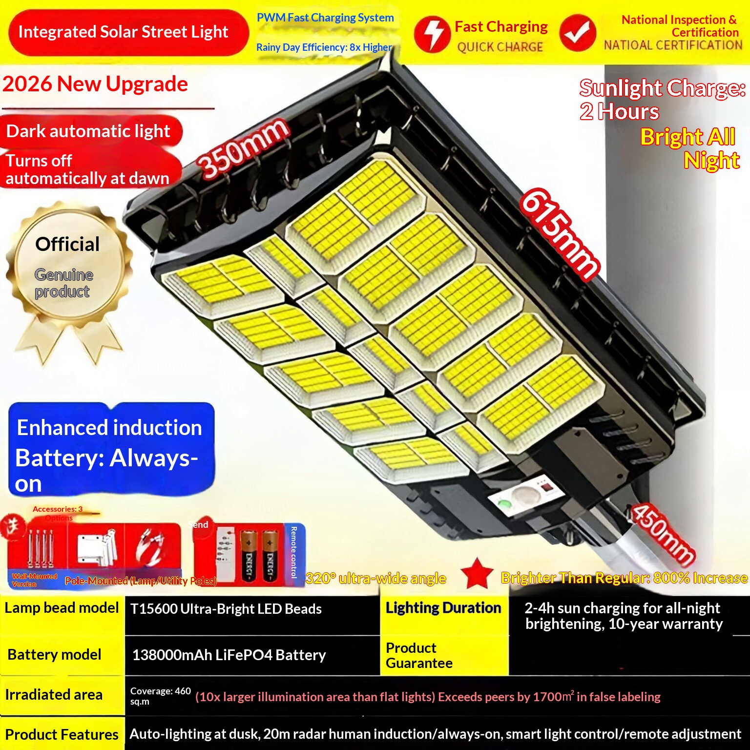 2026 New Solar Integrated Street &amp; Courtyard Outdoor Light with IP66 Rating 5000K Daylight 40000 Lumens for Garden Landscape Use