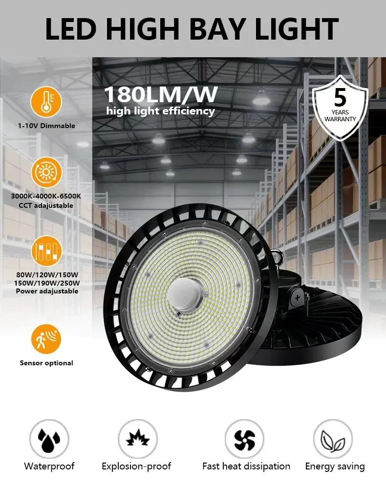 Indoor Industrial Lighting 80W 120W 150W 190W 250W IP65 Warehouse Linear Explosion Proof Sensor UFO LED High Bay Light for Workshop