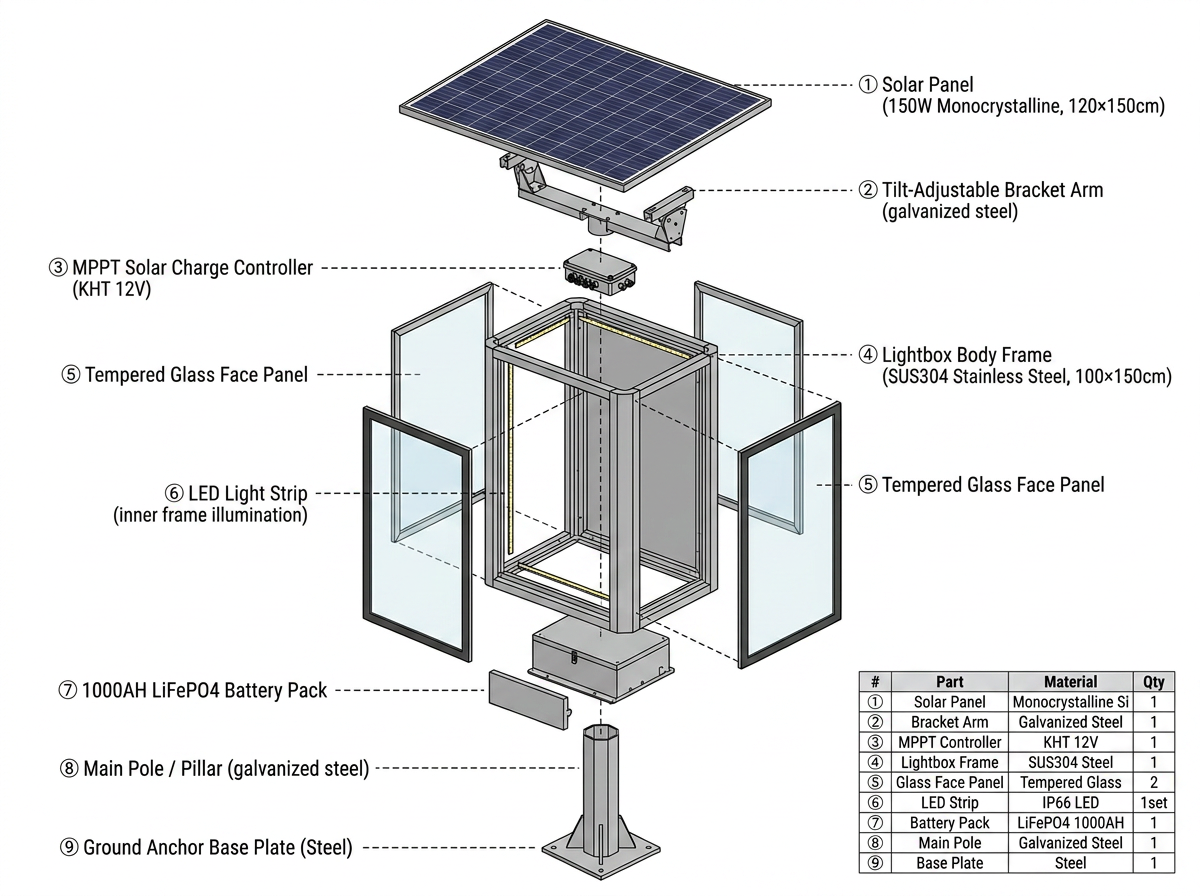 Solar LED Advertising Light Box MPPT System High Brightness IP65 Aluminum Acrylic UV Film Outdoor Sign 450Wh Battery
