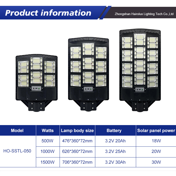 High Power 500W 1000W 1500W ABS Ip65 Project Use 150Lm Lifepo4 Battery Streetlight All in One Led Solar Street Light