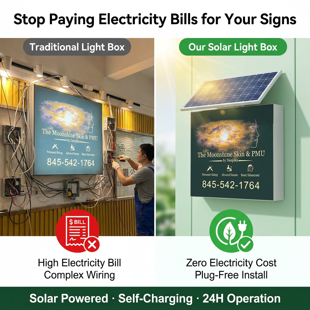 Solar LED Advertising Light Box MPPT System High Brightness IP65 Aluminum Acrylic UV Film Outdoor Sign 450Wh Battery
