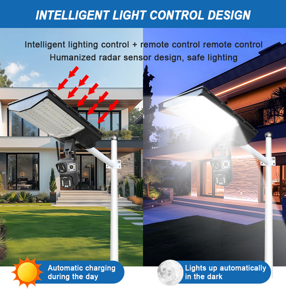 800W 1000W Solar Street Light with 360 Degree Dual CCTV Camera 4G SIM Card IP65 Waterproof LED ABS Material