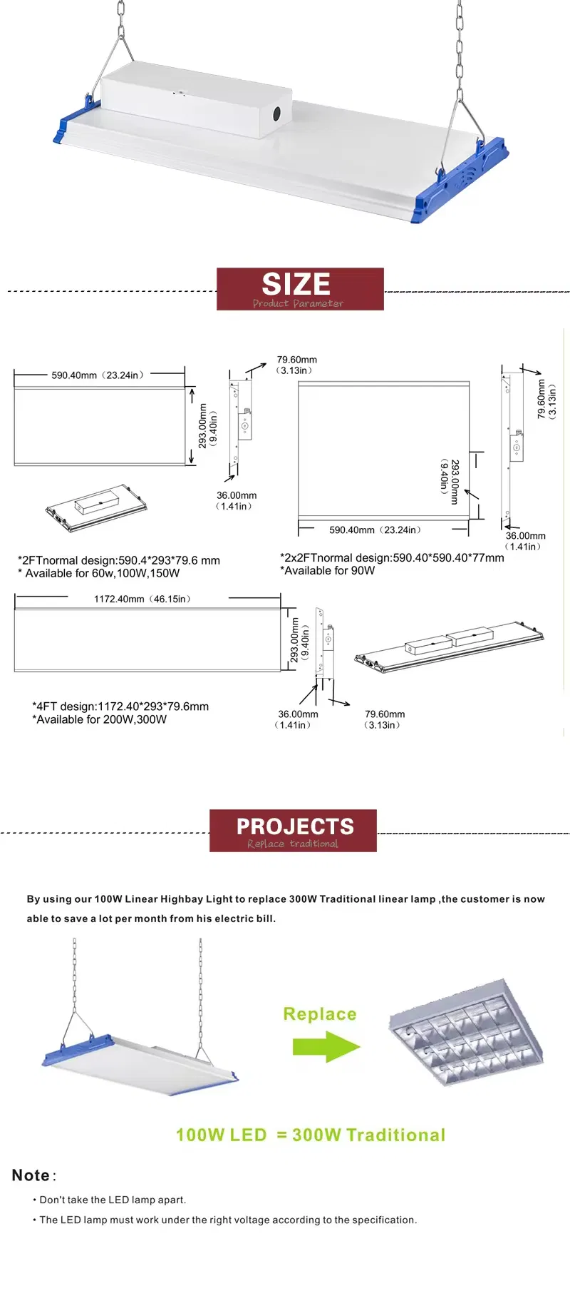 Energy Saving 100W Industrial Workshop LED Linear High Bay Light Parameters