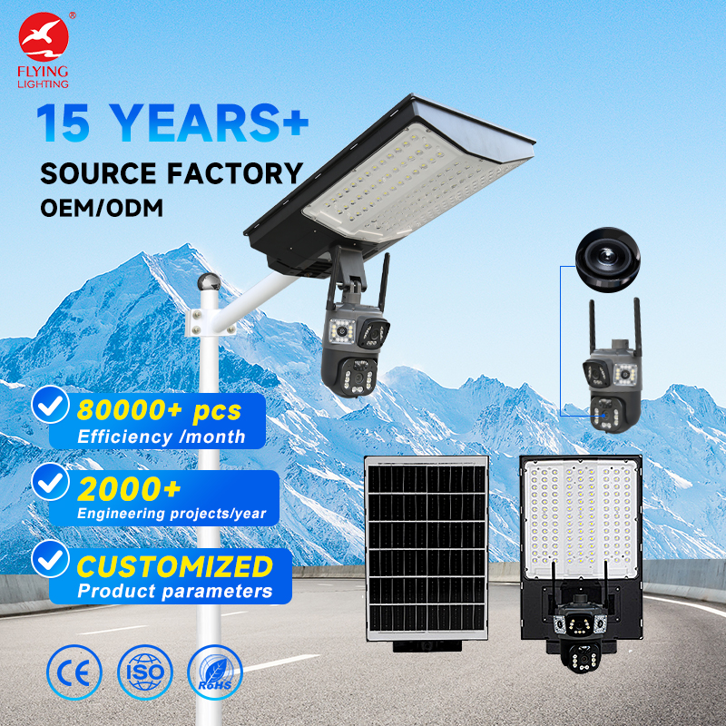 800W 1000W Solar Street Light with 360 Degree Dual CCTV Camera 4G SIM Card IP65 Waterproof LED ABS Material
