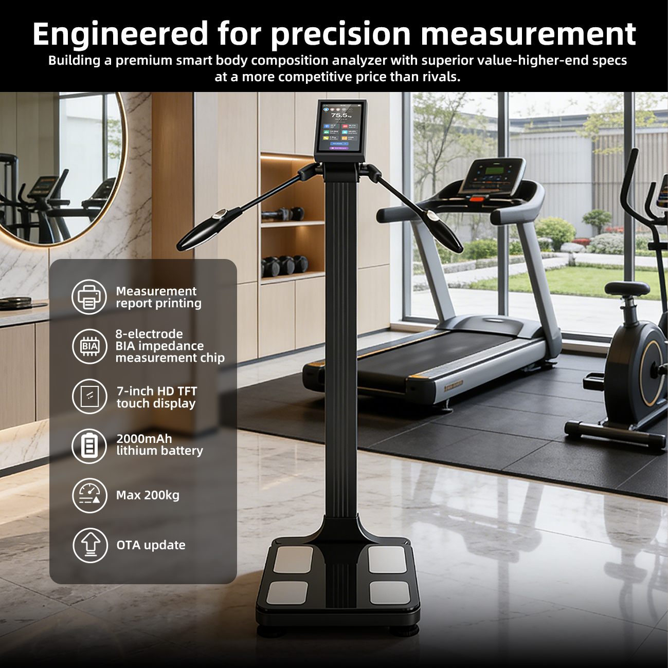 Unique OEM/ODM ABS Smart Scale with Liquid Crystal Touch Screen 8-Sensor BIA Bioelectrical Composition Monitor Body Fat Scale