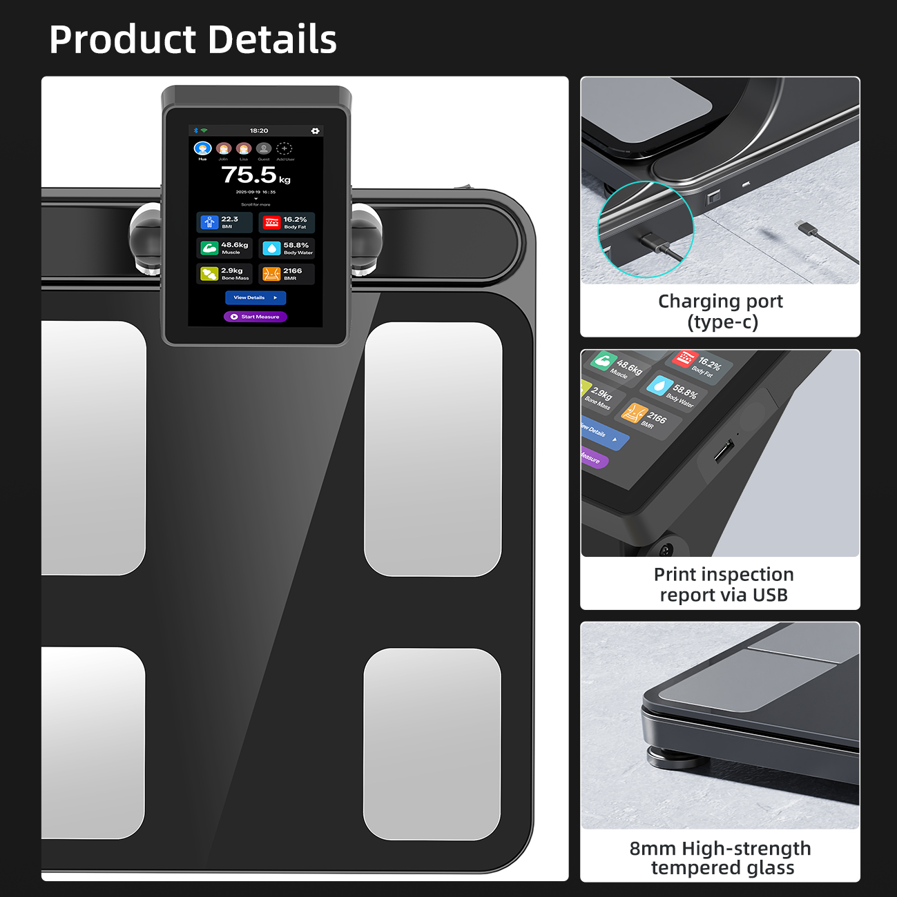 Unique Custom Smart Body Scale 8-Sensor BIA Technology High-Accuracy Weight Measurement Liquid Crystal Touch Screen OEM/ODM