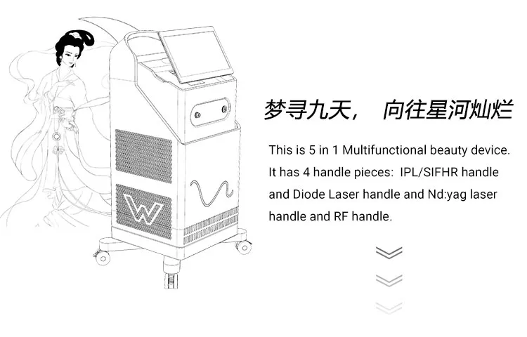 Multifunction 5 In1 IPL Skin Care Diode Laser ND YAG Laser Tattoo Removal IPL Hair Removal