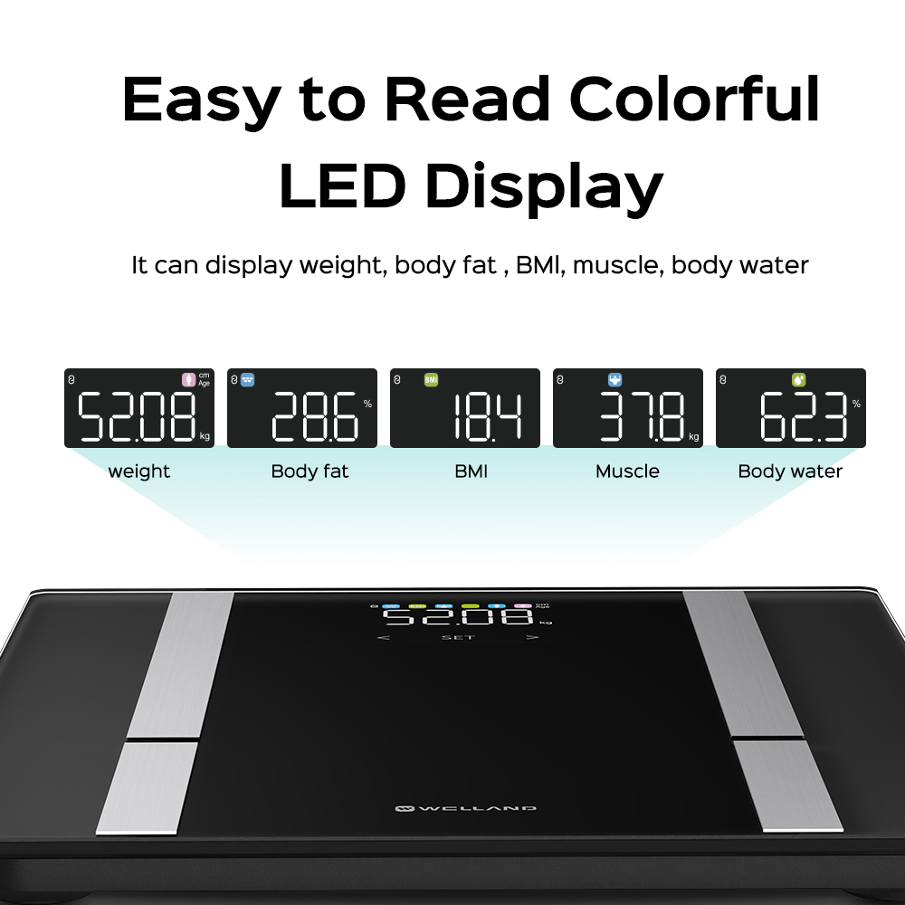 Welland Custom Bioimpedance Digital LED Body Fat Scale with Weight Measuring BMI Function OEM/ODM Supported