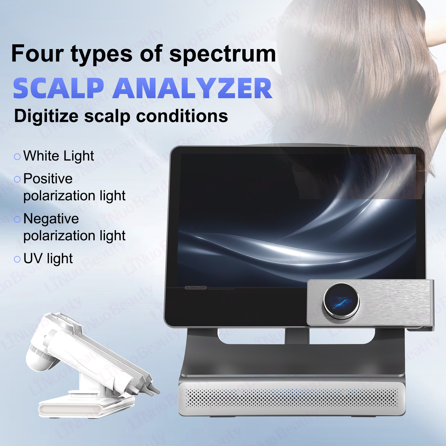 AI Intelligent Scalp Analysis System Digitize Scalp Conditions For Hair Loss Treatment 3 Handles UV Light Scanner Scalp Machine