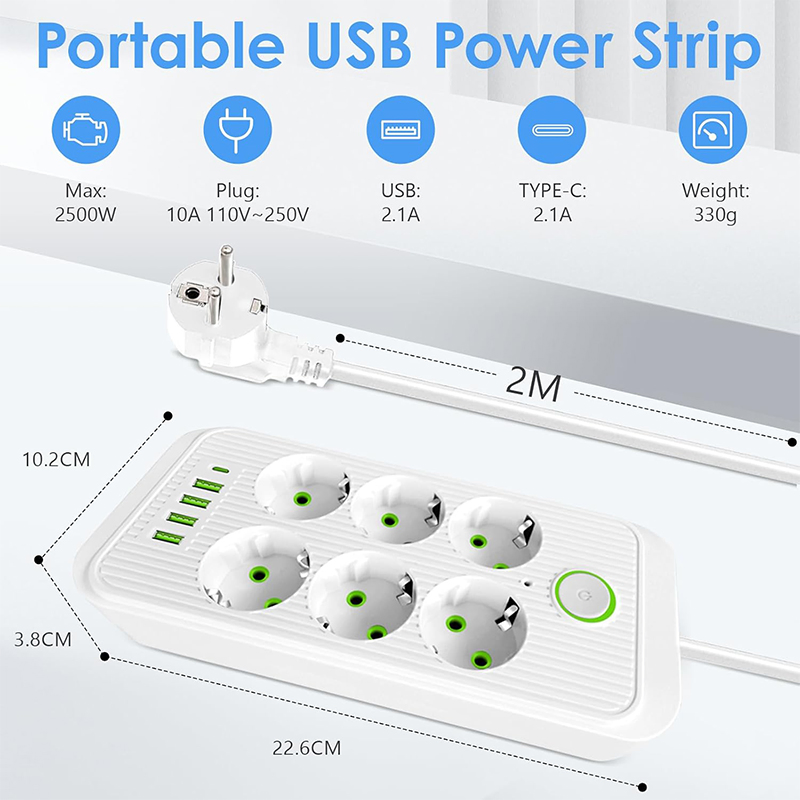 110V-250V 2500W Electrical EU Sockets and Outlets Power Strip with USB Type-C