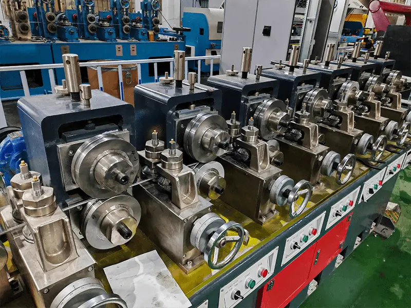 Steel strip slitting line for flux cored welding wire production
