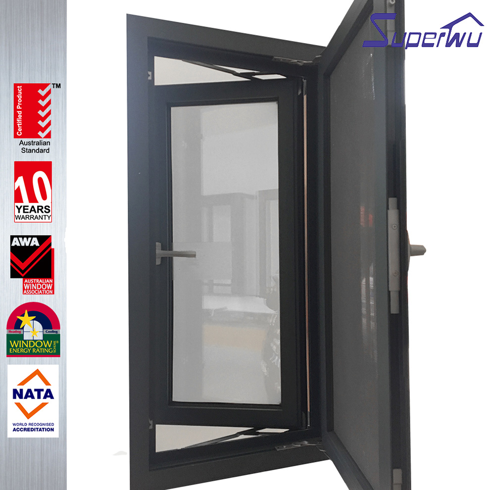 Superhouse 2026 High Security Aluminum Casement Window Black Frame Tempered Double Glass Mosquito Net Popular